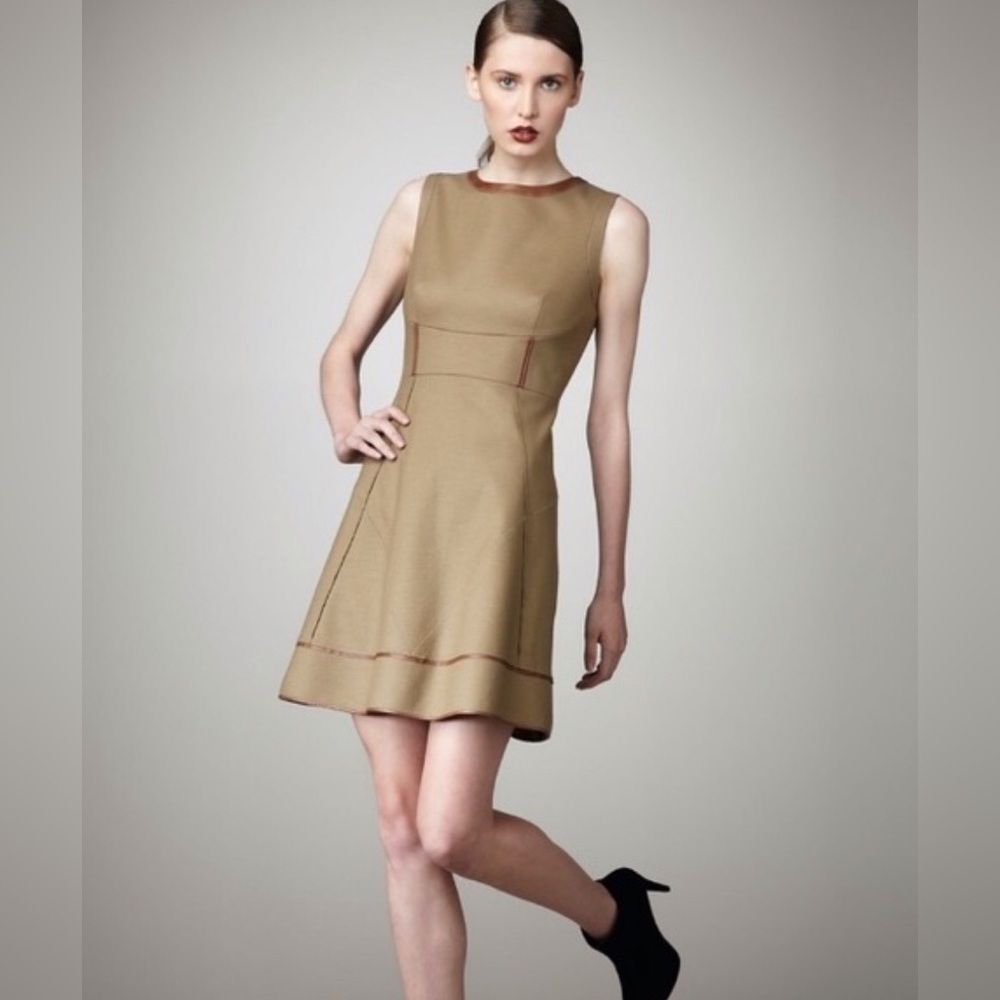 NWOT Elie Tahari Tan Callie Dress With Leather Trim Size 2
